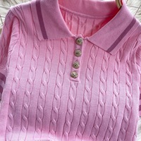 Tricots d'été pour femmes rétro à manches courtes haut solide taille haute décontracté deux pièces plissé Polo ensemble pour dames