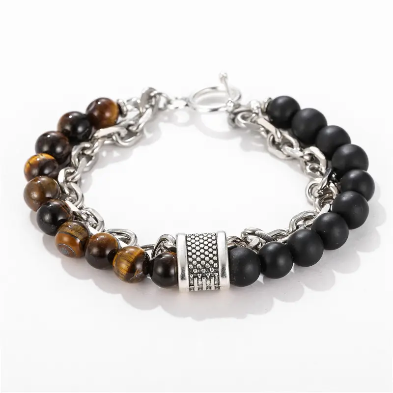 Fashion personalized handmade men custom elastic stretchable tiger eye natural stone bead stainless steel bracelet