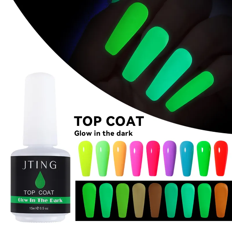 JTING Hiệu Ứng Sáng Glow In The Dark Gel Top Coat Nail Gel Polish Rõ Ràng OEM Tùy Chỉnh Nhãn Hiệu Riêng 15Ml Chai