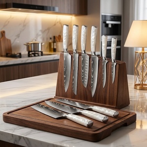 Ensemble de 9 couteaux de cuisine professionnels, manche en résine blanche nacrée, motif damas, acier inoxydable, pour restaurant et hôtel - Product Image 2