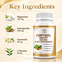 OEM 10 en 1 Capsules végétaliennes pour la santé du cortisol, Ashwagandha, Magnésium, Camomille, L-Théanine, Complément pour l'équilibre du stress chez les adultes