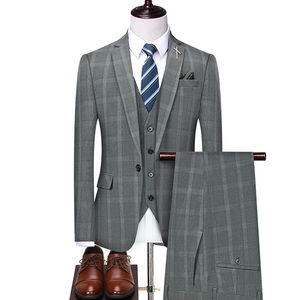 Costume <span class=keywords><strong>3</strong></span> pièces à carreaux pour <span class=keywords><strong>homme</strong></span> <span class=keywords><strong>Manteau</strong></span> de bureau et de mariage respirant et imperméable à l'avant plissé - Product Image 3
