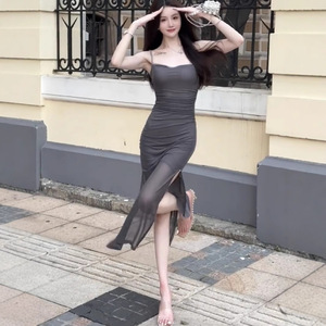 Dark Gray Apricot <b>Spaghetti</b> Strap Bodycon Dress With Slit Mesh <b>Long</b> Skirt For Party Casual Wear - Product Image 3