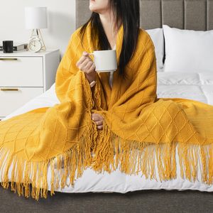 Couverture de lit en tricot doux jaune <span class=keywords><strong>moutarde</strong></span> pour canapé légère <span class=keywords><strong>et</strong></span> texturée Boho pour l'automne pour le salon Couverture d'extérieur - Product Image 4