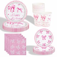 Ensemble de vaisselle jetable en papier rose sur le thème du nœud rose, écologique, parfait pour les célébrations d'anniversaire, vente en gros