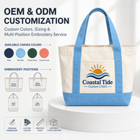 Sac fourre-tout en toile brodé avec logo personnalisé, sac à main Coastal Tide Boat avec poche avant, sac en coton robuste pour la plage et les trajets quotidiens