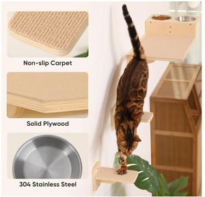 Estantes de <span class=keywords><strong>Pared</strong></span> de Madera Personalizados para Gatos, Juego de Muebles 3 en 1 para Gatos, Estación de Comida con 2 Escalones, Percha de Madera Contrachapada para que los Gatitos Jueguen, Desciensen y Coman - Product Image 4