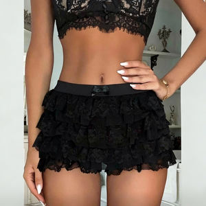 Mini-jupe style Y2K à volants superposés avec patchwork en dentelle, détail nœud, taille élastique, couleur foncée, mode tendance pour femme - Product Image 3