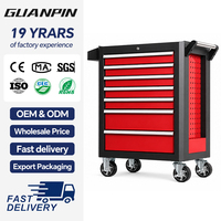 Coffre à outils à roulettes professionnel Guanpin pour garage et atelier, rouge-noir, en acier, 7 tiroirs, mobile, verrouillable, avec porte latérale battante