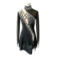 Costume de patinage artistique noir à col montant, manches longues, dos en maille croisée, robe ornée de strass pour filles et adultes, performance sur glace