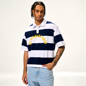 MAKITAPE Vente en gros T-shirt homme à manches courtes avec impression de rayures personnalisée, 250 g/m², col à revers, coupe ample, style polo - Product Image 1
