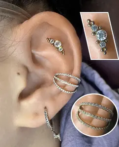 Implant sınıf titanyum Trendy takı 3 satırlar zirkonya çivili kıkırdak sarmal Tragus Conch kulak Piercing burun tıkırtı yüzük