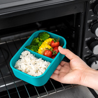 Boîte à lunch portable en silicone, compatible micro-ondes, à couvercle carré, deux compartiments, pour étudiants, moderne, minimaliste, résistante aux hautes températures