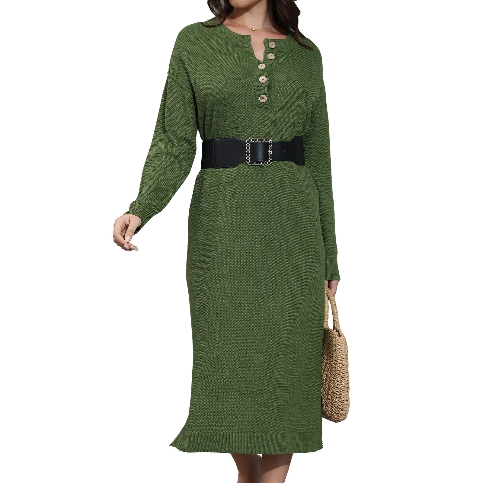 Damen langärmeliger Pullover-Kleid lässig locker gestrickt langes Kleid Rundhalsausschnitt Knopfverschluss Strickkleid