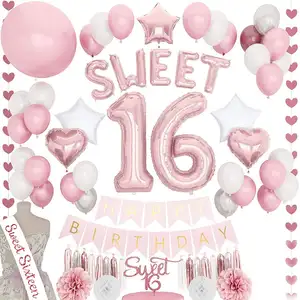 Großhandel kuchen topper 16-Süße 16. Geburtstags dekoration Party liefert Schärpe Cake Topper Luftballons Pink Sweet 16 Geburtstags dekorationen für Mädchen