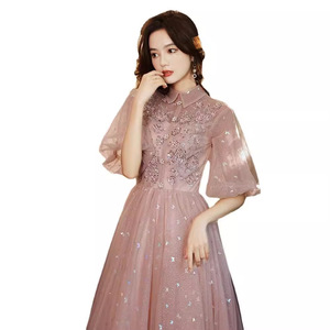 Evening Gown For Women Lotus Root Pink Floral Print Stand Neck Empire Waist Polyester Long Dress Banquet Graduation Hostess - Product Image 4