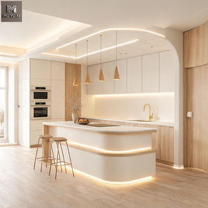 Gabinetes de <span class=keywords><strong>Cocina</strong></span> Modernos de Lujo con Isla Redondeada, Diseño Minimalista, Madera Contrachapada MDF con Acabado en Veta de Madera, Armarios de Almacenamiento Integrados - Product Image 1