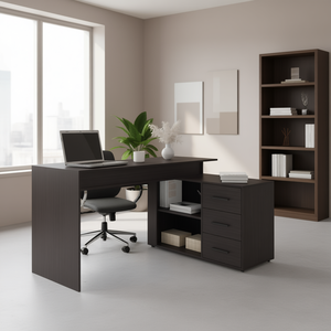 Escritorio de Oficina en Forma de L Neilton con 3 Cajones y 2 Estantes, Moderno y Contemporáneo, de Madera, Independiente - Product Image 2