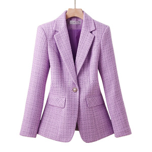 Purple Plaid Blazer Women One Button Casual Suit Jacket Spring Autumn Anti Wrinkle Worsted Fabric Pocket Design - Product Image 5