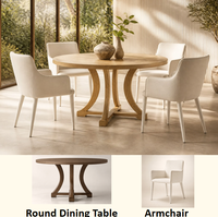 Ensemble de salle à manger rond extensible vintage moderne en chêne clair avec pieds arqués et chaises en tissu blanc pour les intérieurs de villas et d'hôtels