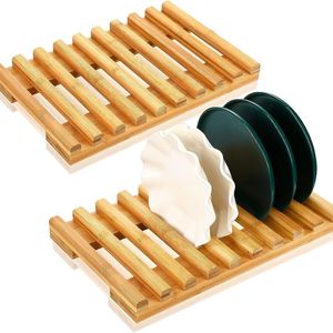 Wooden Plate Organizer For Kitchen Cabinets Eco Friendly <b>Dish</b> Rack Storage <b>Stand</b> - Product Image 2