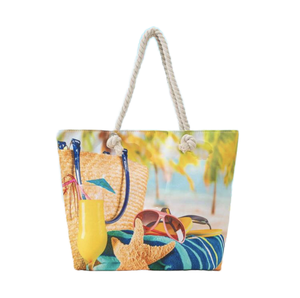 Bolsa de Mano de Lona Azul para Mujer, Gran Capacidad, Suave y Duradera, con Estampado de Rayas, Letras y Flores, para la Playa en Verano - Product Image 1