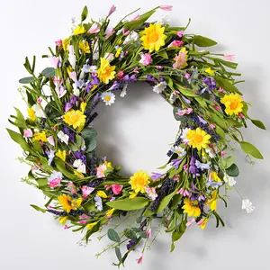 Beautiful Artificial Spring And Summer Wreath For Front Door Or Home Decoration 50 Cm Daisy And Lavender Wreath