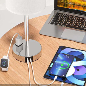 Bedside Pulling Switch Desk Nightstand <strong>Lamp</strong> With <strong>2</strong> <strong>USB</strong> Charge <strong>Port</strong> Round Fabric Shade for Bedroom Living Room Decor