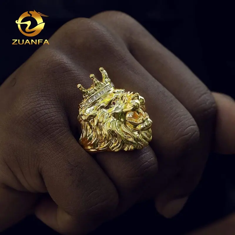 Großhandel Plain Design 18 Karat vergoldet Iced Out Cz Zirkonia Männer Gold Hip Hop Lion Ring
