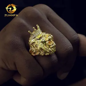 Wholesale Plain Design 18K Gold Plated Iced Out Cz Cubic Zirconia Men Gold Hip Hop Lion Ring