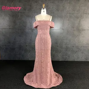 Pink Off Shoulder Lace Appliziert Meerjungfrau Prom Elegante Perlen Frauen lange formelle Abendkleid