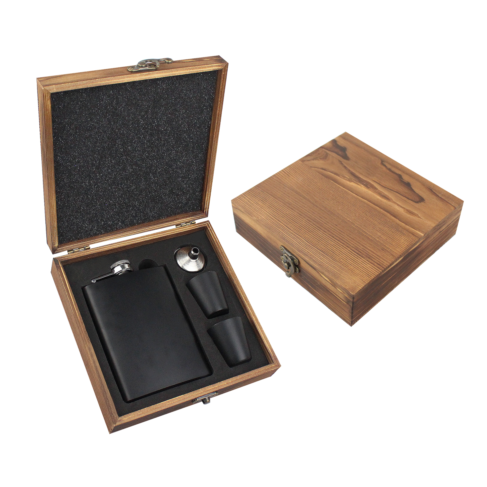 Set de regalo de petaca negra con caja de madera de pino