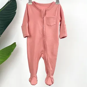 Yumuşak uzun kollu cinsiyet nötr bebek giysileri bebek erkek kız ayaklı tulumlar organik pamuk pijama fermuar bebek tulum pembe