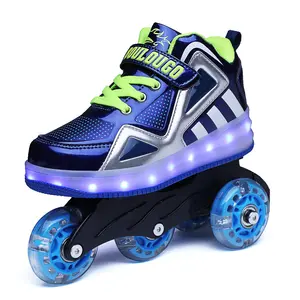 Boys Sports Skates ChildrenのPulley With Wheel Flashing Lights Four Wheels Kids Skates Figure Skating 4 Wheel Adult