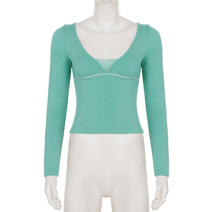 Nouvelle Collection Début d'Automne : T-shirt Femme Sexy à Col V et Manches Longues, avec Patchwork en Dentelle, Coupe Ajustée, Idéal pour Superposer - Product Image 6