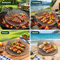 Grille de barbecue ronde en acier inoxydable légère et personnalisée avec poignée pour camping, randonnée et cuisson au charbon de bois