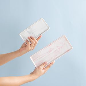 طبق عشاء فاخر من السيراميك الرخامي للمنزل، طبق بورسلين مستطيل لعرض الحلويات والوجبات الخفيفة في حفلات الزفاف - Product Image 4