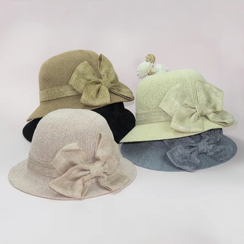 MIO nuovo elegante pieghevole Floppy Beach cappello da sole estate parasole moda Bowknot cappello da pescatore in cotone tinta unita cappello Fedora per le donne