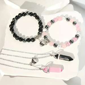 Ensemble <span class=keywords><strong>Collier</strong></span> et Bracelet Aimant <span class=keywords><strong>d</strong></span>'Amour pour Couple, Colonne Hexagonale, en Jade Rose et Turquoise Blanche, Acier Inoxydable Argenté, Cadeau de Mariage ou de Fête - Product Image 2