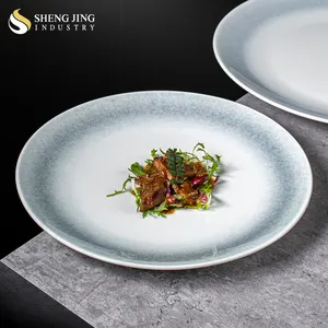 Shengjing Luxury Ceramic Kiln Blue Shallow Plate Catering Porcelain Round Dinner Plates For Hotel Kitchen Set Dinnerware Sets