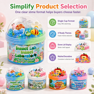 Slime au beurre personnalisé avec logo, 4 thèmes assortis : insectes, ferme, fruits, sirène, avec breloques et paillettes, OEM, marque privée, vente en gros - Product Image 5