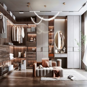 BALOM <span class=keywords><strong>Dressing</strong></span> Moderne Personnalisé en Bois Foncé avec Meuble-Lavabo Intégré et Armoire LED avec Porte Vitrée pour <span class=keywords><strong>Dressing</strong></span> à Domicile - Product Image 1