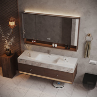 Meuble-lavabo mural moderne en bois massif avec vasque en pierre frittée, miroir intelligent LED anti-buée et armoire à fermeture douce