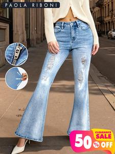 Women's High Waist <b>Stretch</b> Ripped Jeans Minimalist Casual Commute Style Long <b>Denim</b> Pants - Product Image 2