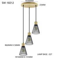 Lámpara Colgante Moderna Nórdica de 3 Luces, 220V E27, Color Negro, Jaula de Hierro, para Comedor, Cocina, Metal y Madera