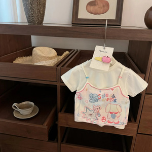 Pom.kp Baby Girls Cotton Short Sleeve T-Shirt With Suspender Design Sweet Print Summer Top Breathable Kids Wear - Product Image 1