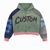 Veste streetwear unisexe 100% Coton Vintage délavé à l'acide, coupe courte zippée, à blocs de couleur, avec lettres cloutées et motif bootleg, style grunge