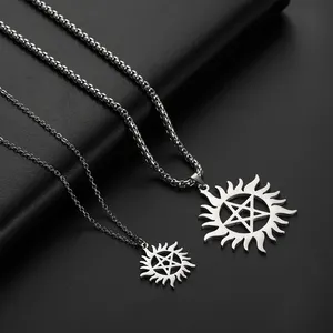 Stainless Steel Shining Sun Pentagram Pendant Necklace Supernatural Dean Statement Box Chain Necklaces Jewelry Women Men