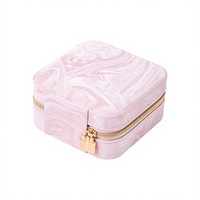 Boîte à bijoux portable en PU marbré rose avec fermeture éclair, étui de voyage carré pour bagues, boucles d'oreilles et clous d'oreilles