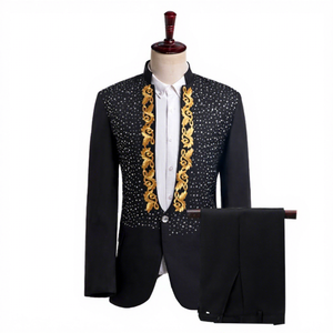 Abito da uomo coro di scena giacca ricamata con cristalli scintillanti rossi abito da <span class=keywords><strong>sposa</strong></span> sposo abito <span class=keywords><strong>bianco</strong></span> cantante ospite 2 pezzi Set <span class=keywords><strong>Costume</strong></span> - Product Image 1